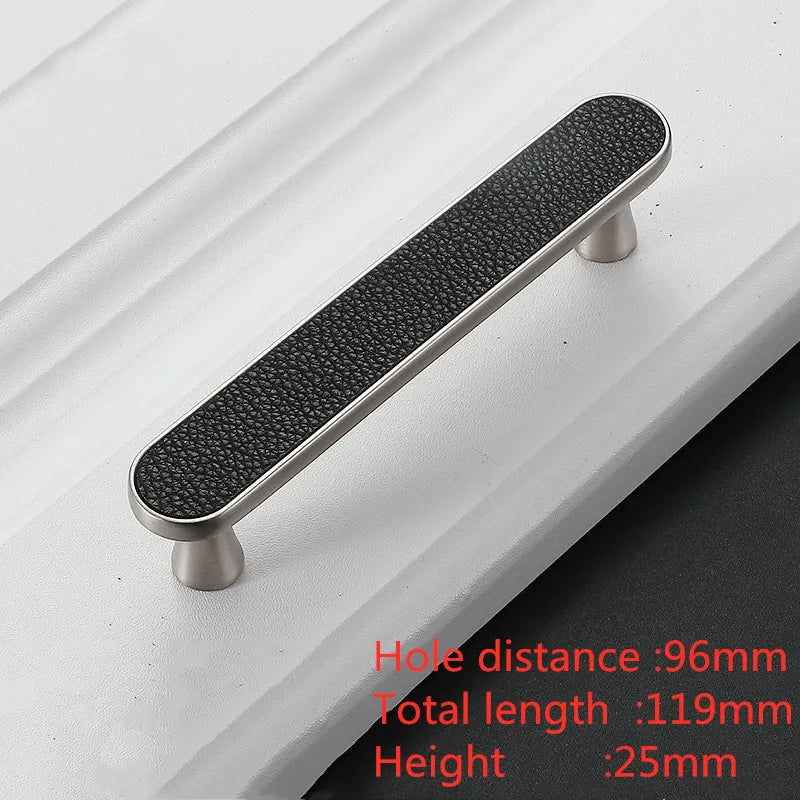 Modern Leather and Zinc Alloy Cabinet Handle – Elegant Drawer Pulls for Kitchen Wardrobe and Furniture (96mm) black