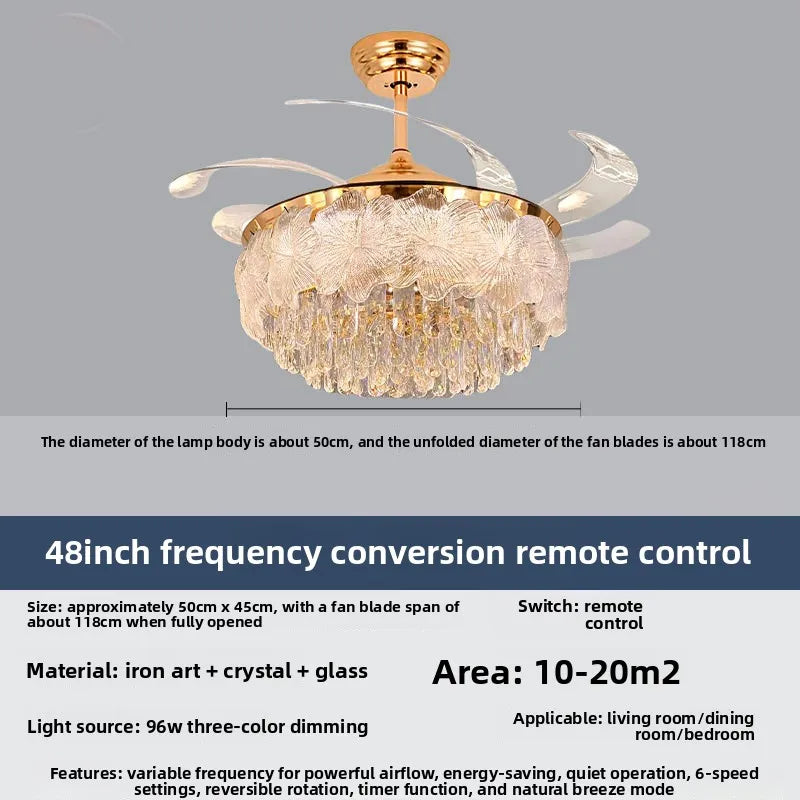Crystal ceiling fan light with gold finish, clear blades, and remote control