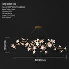 Ceramic flower chandelier with pink and white blossoms on a long hanging frame