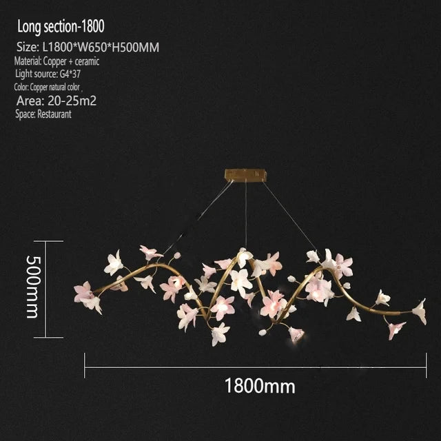 Ceramic flower chandelier with pink and white blossoms on a long hanging frame