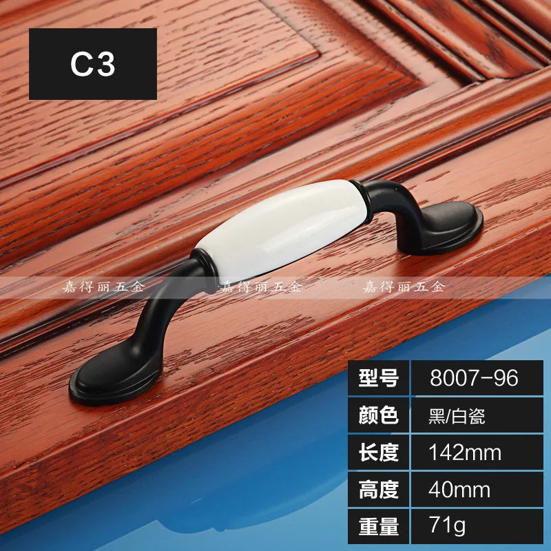 European Ceramic Cabinet Handles – Black and White Wardrobe Drawer Pulls for Kitchen and Furniture C3-8007-96 Handles
