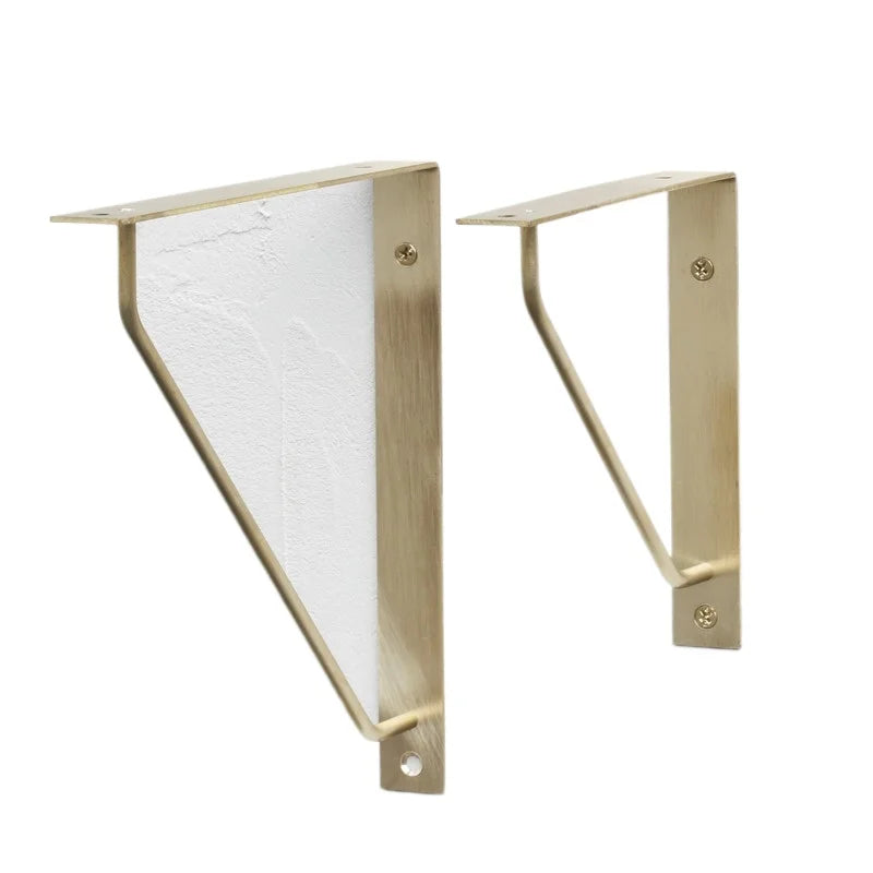 Antique brass triangle shelf bracket pair, angled view of wall plates and arms