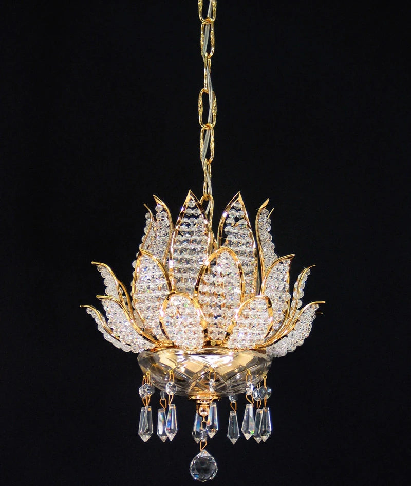 Gold crystal chandelier with lotus centerpiece and dangling clear crystal ornaments