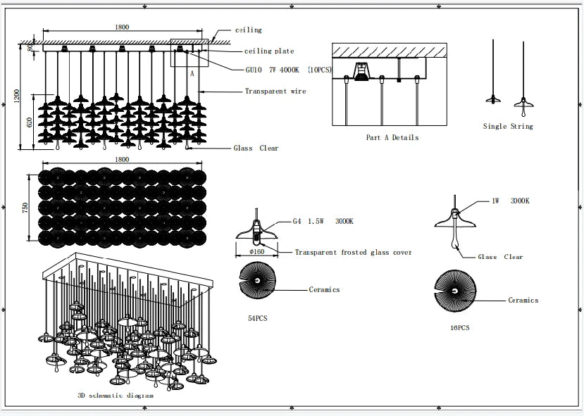 Ceramic chandelier layout diagram showing glass clear parts and ceramic shades