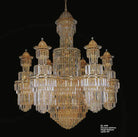 Gold crystal chandelier with tiered lantern towers and cascading crystal fringe