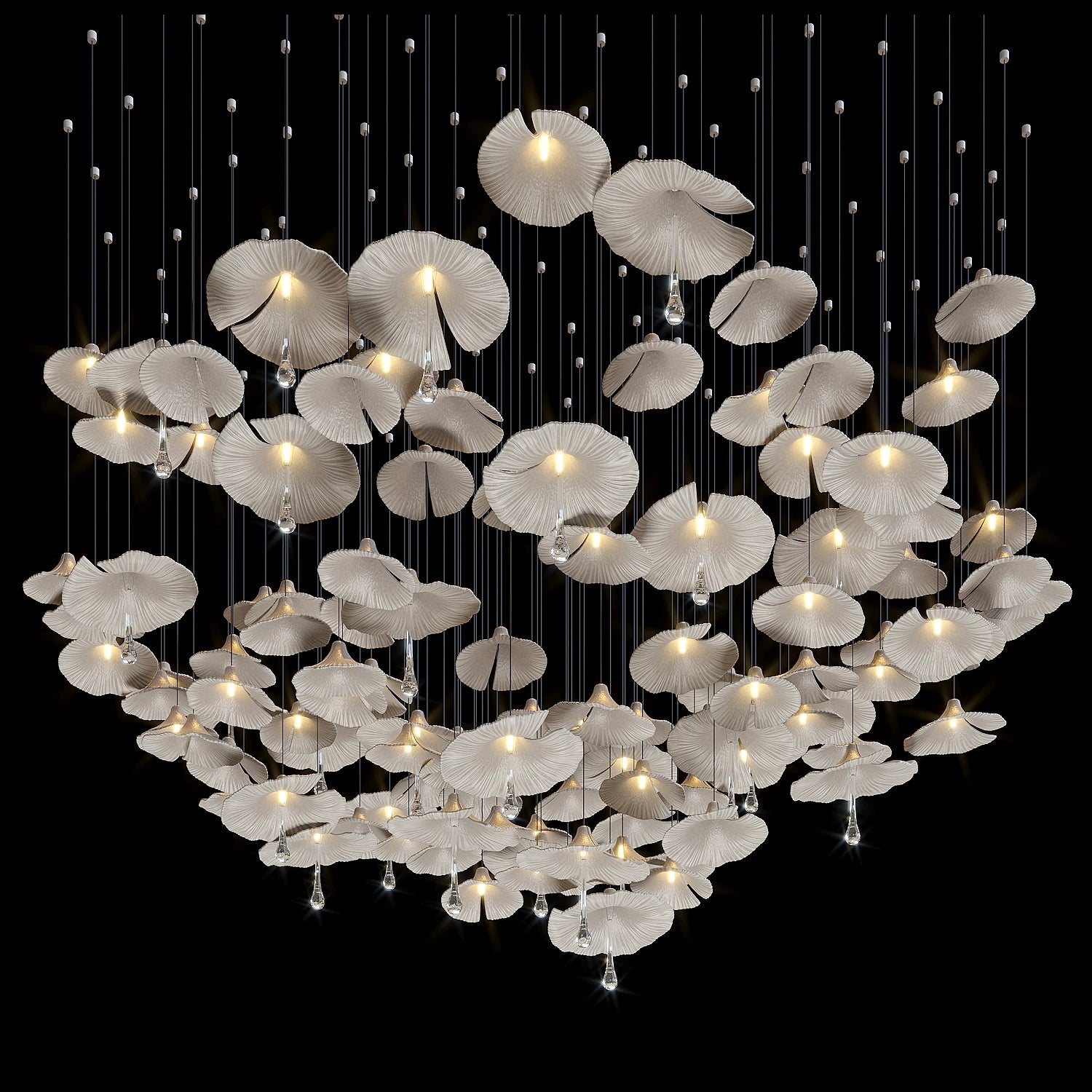 Mushroom-style ceramic chandelier with multiple glowing white shades on long metal cords
