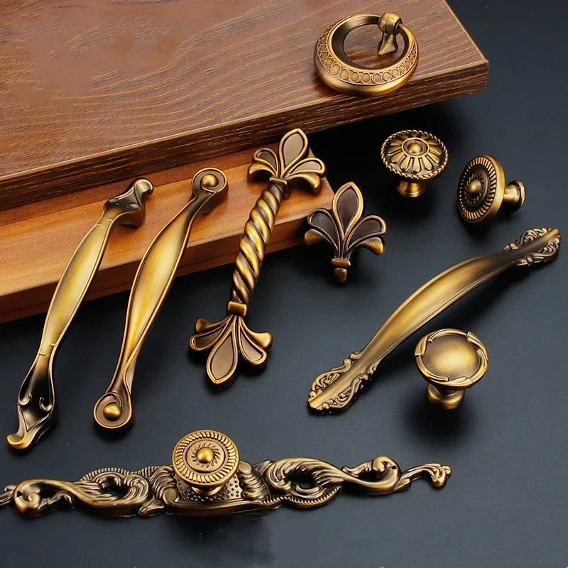 Antique Yellow Bronze Cabinet Handles - Brushed Vintage Drawer Pulls for Kitchen and Wardrobe Doors Handles