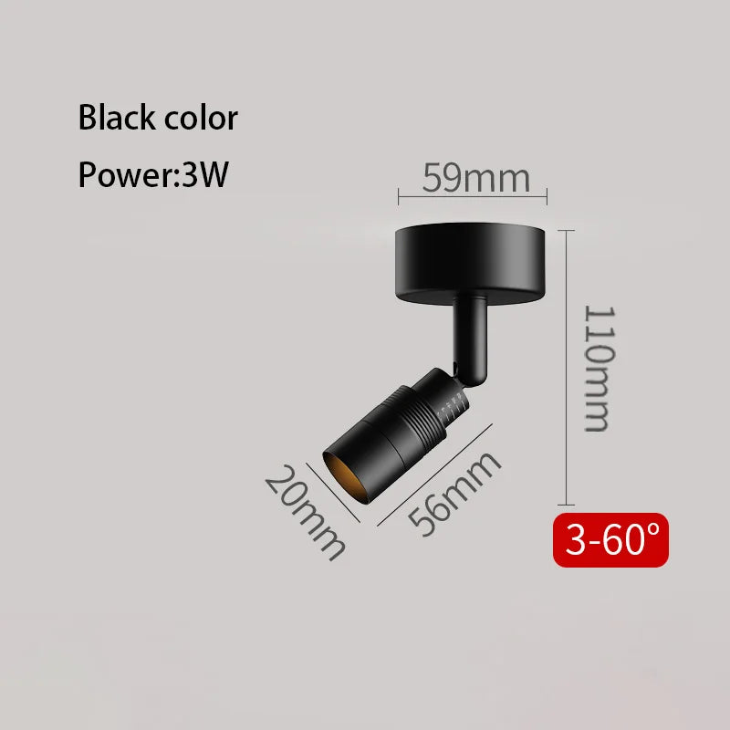 Black adjustable LED zoom spotlight, 3W surface-mounted, tilting track head