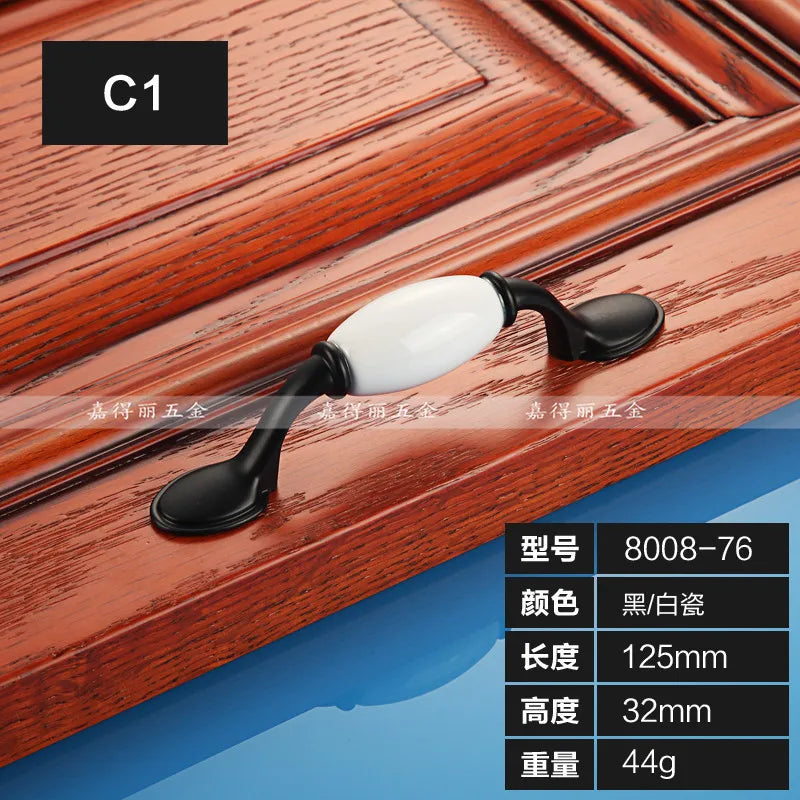 European Ceramic Cabinet Handles – Black and White Wardrobe Drawer Pulls for Kitchen and Furniture C1-8008-76 Handles