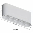 White linear surface-mounted LED ceiling spotlight with five adjustable spotlights