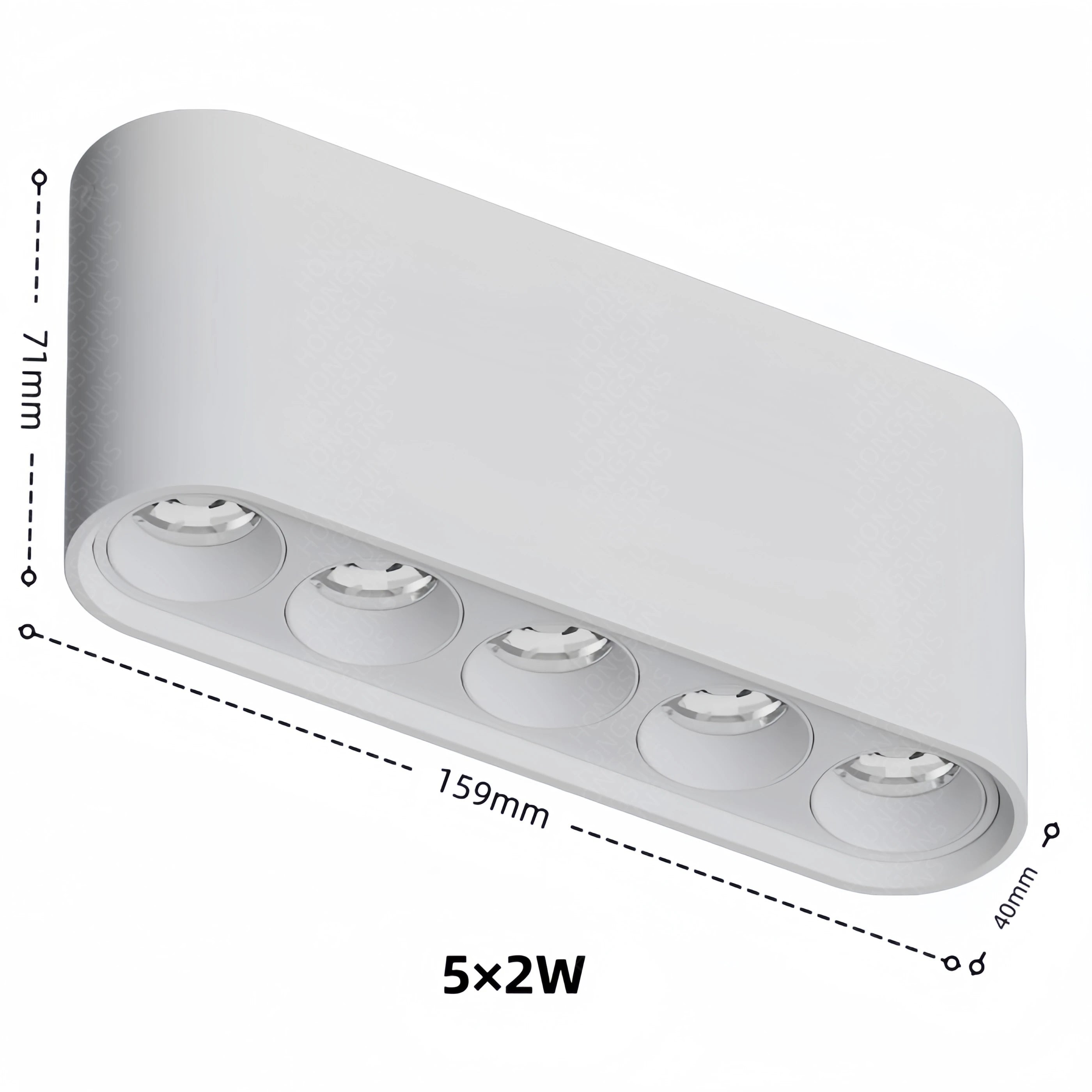 White linear surface-mounted LED ceiling spotlight with five adjustable spotlights