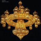 Gold crystal chandelier with wide circular ring and central pendant, sparkling crystal strands